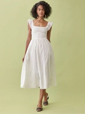 Reformation Noreen Ivory Midi Dress Smocked Ruffle Cotton Size Large